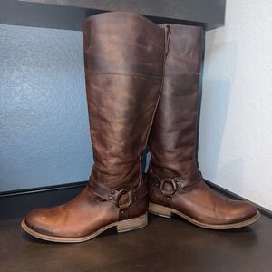 Frye Harness Boots Women 7B Leather Riding Western Cognac Brown Cox Distressed